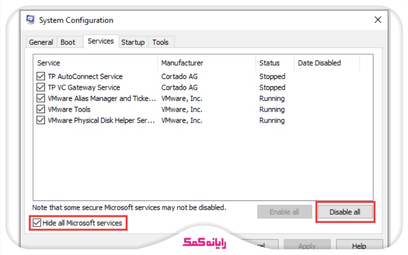 اجرای سیستم در حالت کلین بوت | Hide all Microsoft services | خدمات پشتیبانی رایانه کمک